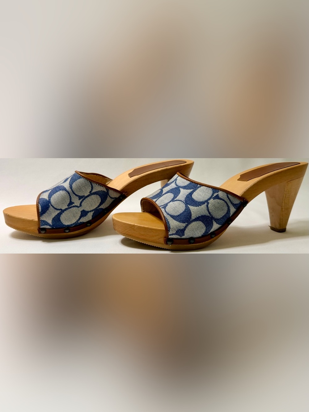 Vintage Coach Brenda Blue Signature C Wood Clog Mules Slides Heels Size 8 Y2K